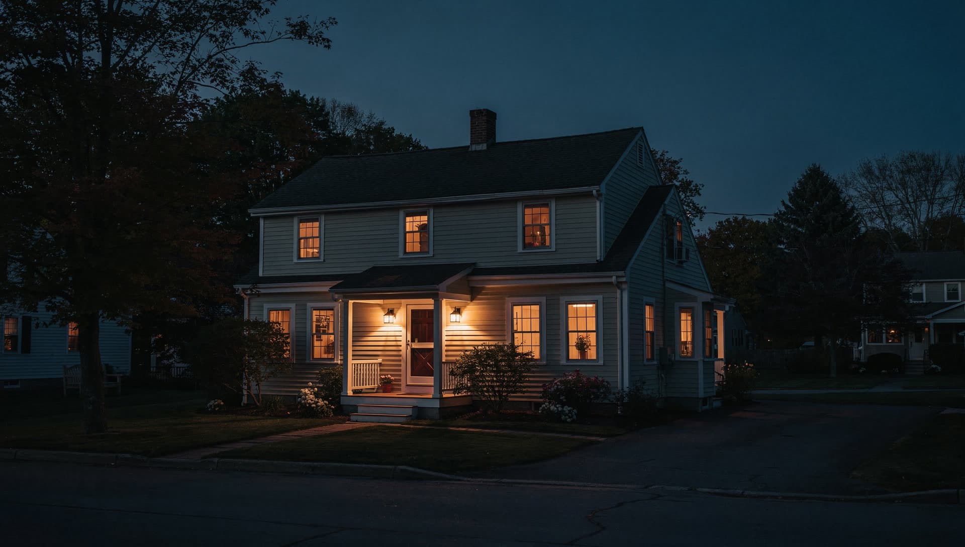 A cared-for New Hampshire home at dusk, comfortable inside